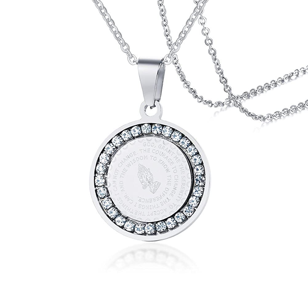 Stainless Steel Circle of Crystal Our Father Lord's Prayer English Bible Verse Necklace, Praying Hands Coin Pendant Christian Jewelry For Men Women-image-29