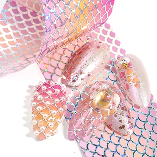 Holographic Nail Foil Transfer Stickers Decals, Fish Scales Nail Polish Sheets, Laser Line Mermaid Nail Art Designs Acrylic Nails Supplies For Nail Transfer Glue Polish, Bright Nail Film Decorations #TOP3