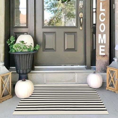 IOHOUZE Black Beige Striped Rug -2'x3' Front Door Rugs Outdoor, Small Washable Area Rug for Front Porch, Spring Summer Welcome Mats Outdoor Indoor, Doormat for Entryway Porch Entrance