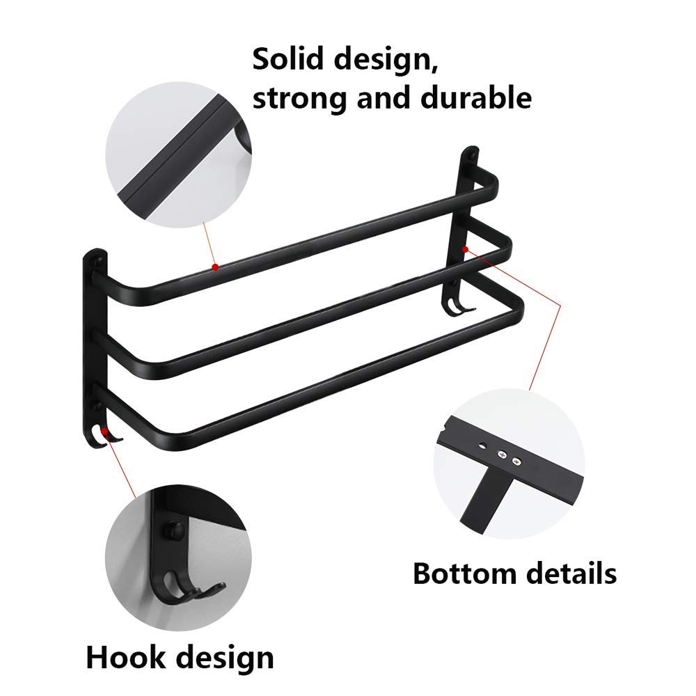 Handtuchhalter 3-stufiger Badetuchhalter mit Haken Aluminium-Handtuchhalter an der Wand Schwarz 40 cm stanzfreier Handtuchhalter für die Küche Bad Toilette Hotelbüro