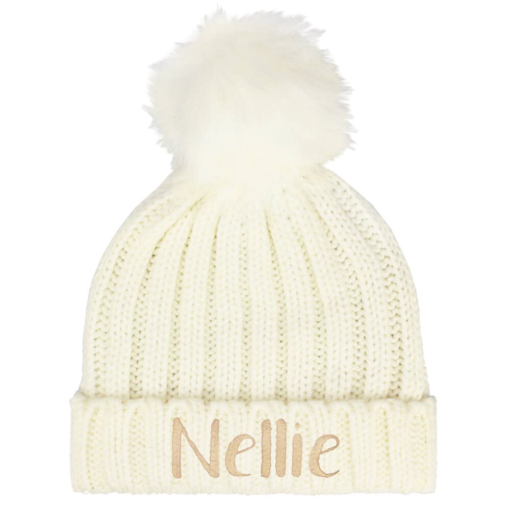 TeddyT's Personalised Girls Soft Bobble Hat with Pom Pom (2-4 Years) (Cream)