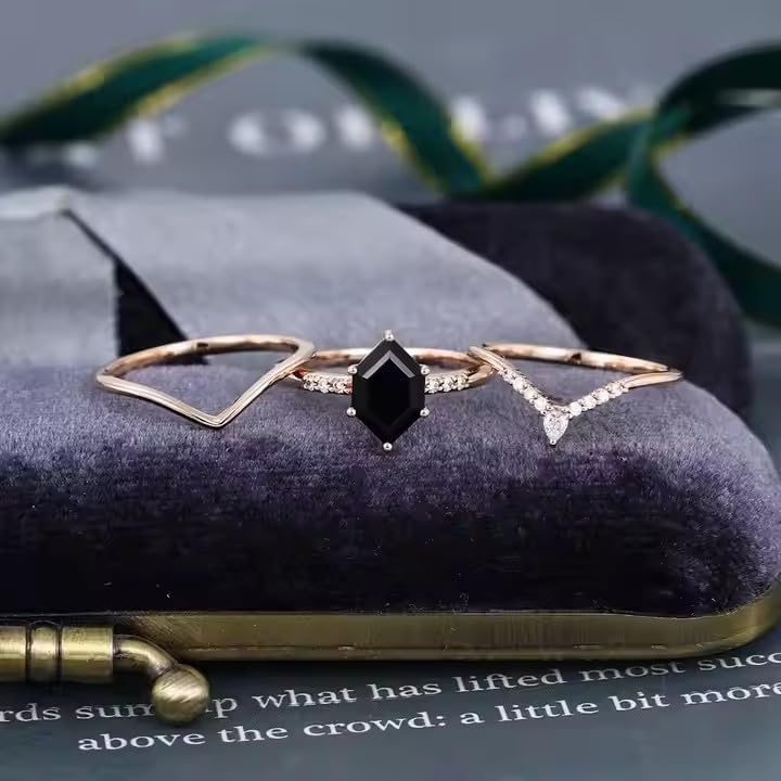 Hexagon Black Onyx Wedding Ring Set 925 Sterling Silver 2 Piece Black Gemstone Ring Set For Women Bridal Ring Set Unique Bridal Ring Set For Wife Birthday Present