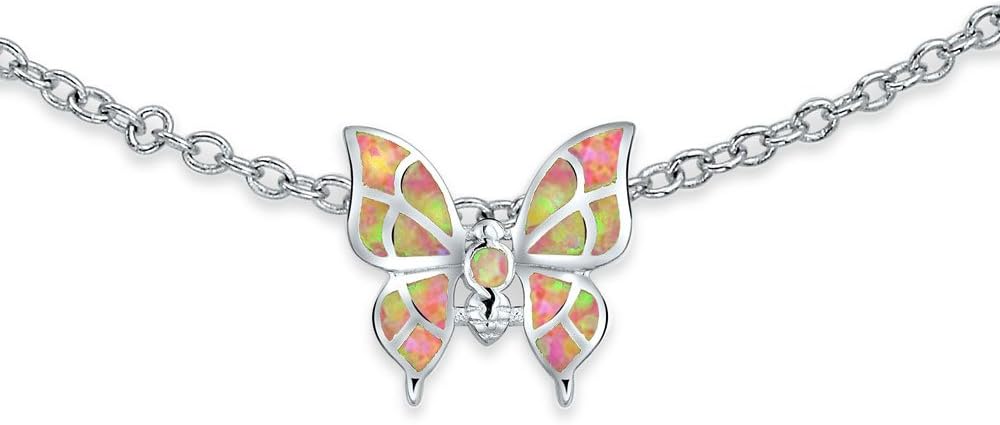 Bling Jewelry Summer Garden Nature Color Opalescent Butterfly Created Pink Opal Charm Anklet Ankle Bracelet For Women Teens .925 Sterling Silver Adjustable 9-10 Inch