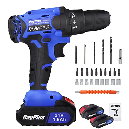 Akku-Kombi-Bohrmaschine mit Akku, Akkuschrauber Akku-Handbohrmaschine mit 21V 1500mAh Li-Ion, variabler Drehzahl, 25 + 1 Drehmomenteinstellung, 45 NM Drehmoment, 2 Batterien