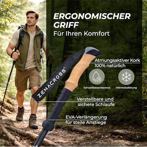 Zenacross® Wanderstöcke Teleskop Aluminium - Nordic Walking Stöcke Damen/Herren Ultraleichte - Trekkingstöcke Einstellbar mit Natürlich Kork Griff 5