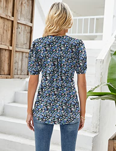 EFFAN Longshirt Damen Kurzarm Tunika Damen Sommer Große Größen Bluse Blumen Damenoberteile Modern Elegant Blusenshirt Blumendruck Shirt Blumen-Blau XXL
