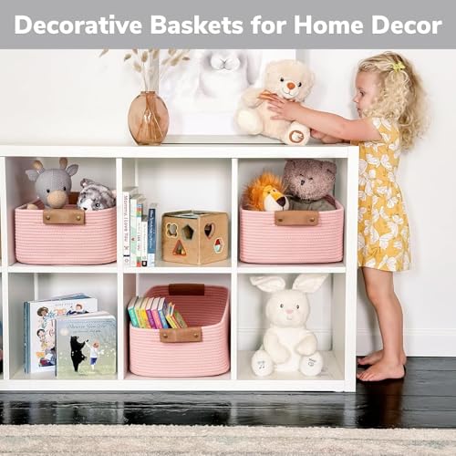 Image of ☆LBY Rectangle Cotton Rope Woven Basket with Handles for Books, Magazines, Toys - Ideal Gift Decorative Basket for Baby Nursery, Living Room (pink, small 10 x 6 x 4 inch)