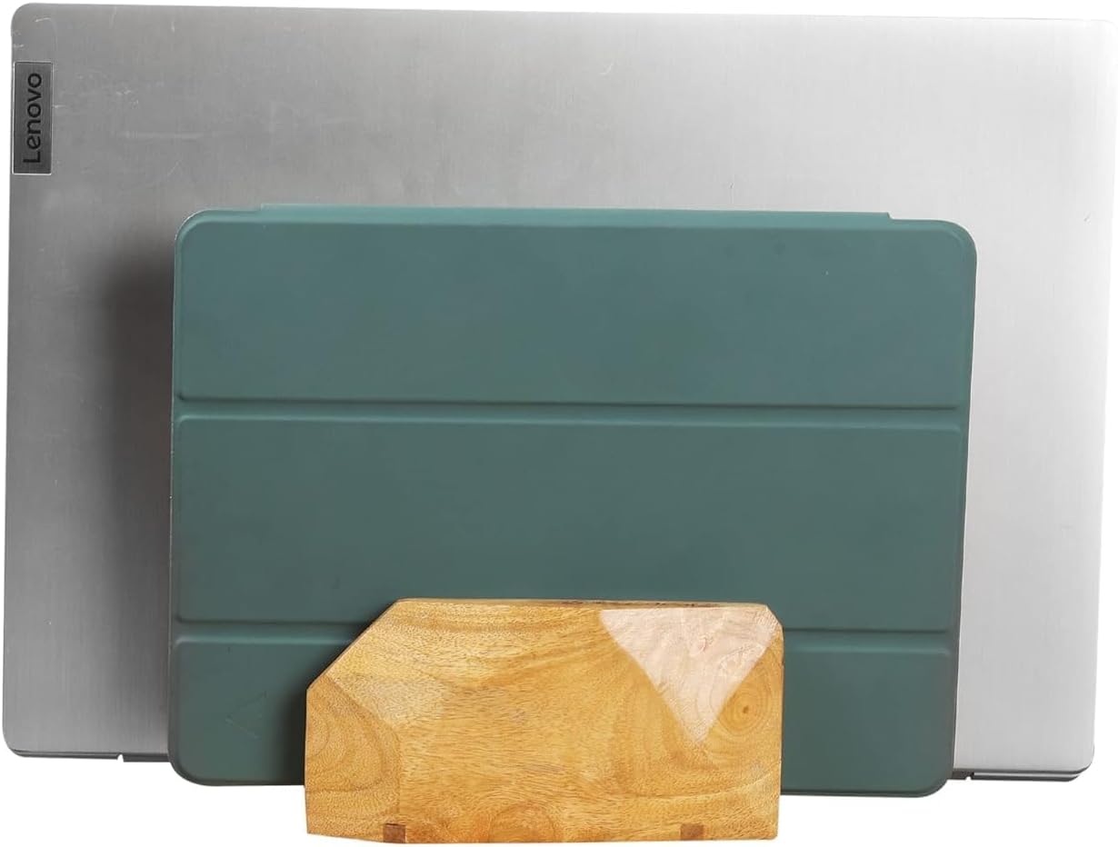 Width Adjustable Vertical Laptop Stand for Desk, Laptop Holder to Dock MacBook, MacBook Pro and Other Laptops, Versatile Vertical Laptop Docking Solutions - Mango Wood