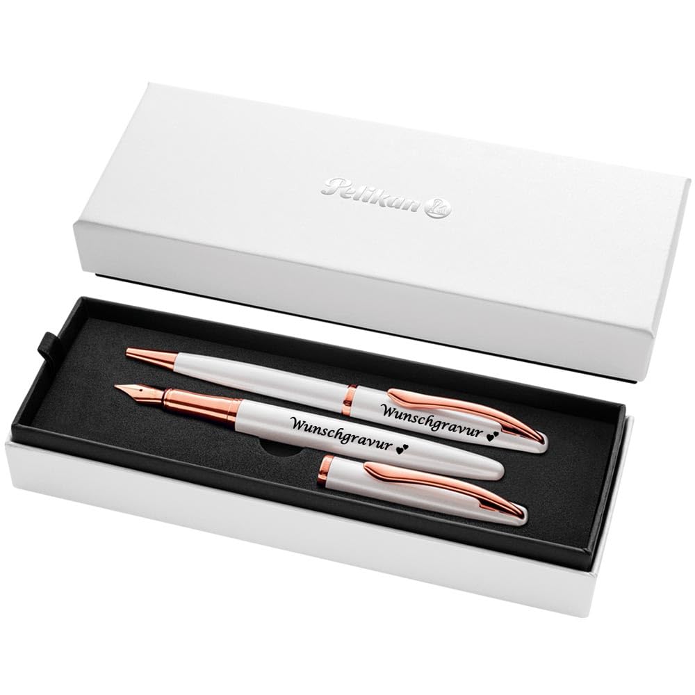 Pelikan Schreibset Füller & Kugelschreiber Jazz® Noble Elegance mit Wunschgravur | inkl. Geschenkeuti | Emoji Gravur | Perlmutt Weiß Schreibset mit Gravur PS202