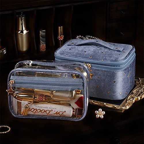 Hoyofo Double-Layer Makeup Bags For Women Multifunctional Travel Cosmetic Bag Set Of 2 Velvet Cosmetic Storage Case With Brush Holders (F-Blue Set) #TOP3