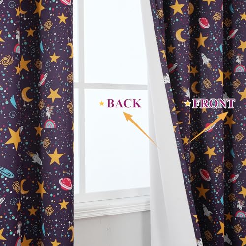 Image of Star Moon Unicorn Purple Blackout Kids Curtains 63 Inch for Girls Bedroom | Estelar Textiler Rainbow Planet Light Blocking Curtains,Grommet Thermal Insulated Drapes for Nursery,2 Panels,52Wx63L Inch
