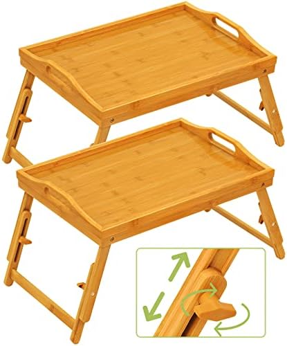 2 Pack Breakfast Bed Tray for Eating - Raised Food Table Up to 9.5" on Lap Sofa - Adjustable Bamboo Serving Tray - Portable Snack Platter with Folding Legs Ideal for Bedroom Picnic