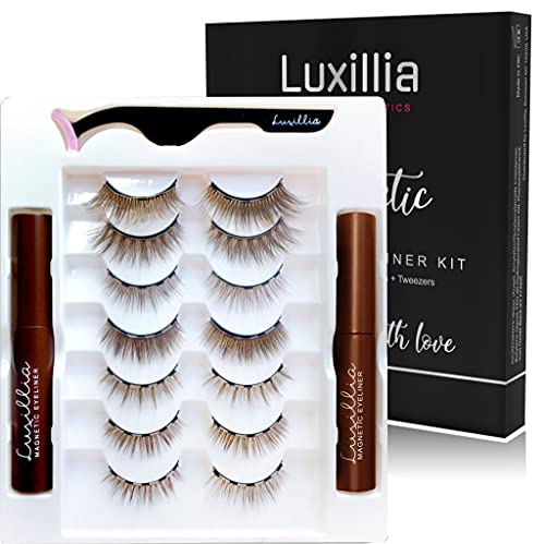 Luxillia Brown Magnetic Eyelashes with Eyeliner Kit (7 Set 2 Liner) Free Applicator and Brush - Most Natural Look Lashes