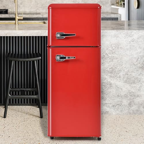 ZWJABYY Frigorífico Retro con Congelador De 92 L / 105,5 Cm X 41 Cm X 45,5 Cm con Congelador De 28 L, Estantes En La Puerta Y Estantes De Vidrio. 116 Kwh/Año, -27 °c - 13 °c,Luz LED Red