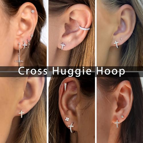 MILACOLATO 925 Sterling Silver Cross Hoop Earrings: Small Huggie Earring for Women Men Tiny Cubic Zirconia Hypoallergenic Cartilage Cross Earrings Dainty 18K Gold Plated Jewelry Gifts3