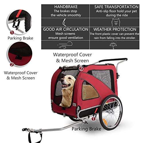 Sepnine Leopets 3 in 1 Pet Dog Bike Trailer, Dog Cart for Large, Bicycle Trailer with Jogger and Stroller, Quick Set-up and Fold Down with Hand Lock Brakes - Red - Thumbnail 3