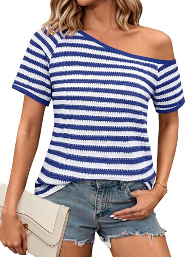 Hilinker Women's Off The Shoulder Crochet Tops Striped Short Sleeve Casual Summer Shirt Blue White Stripe Medium