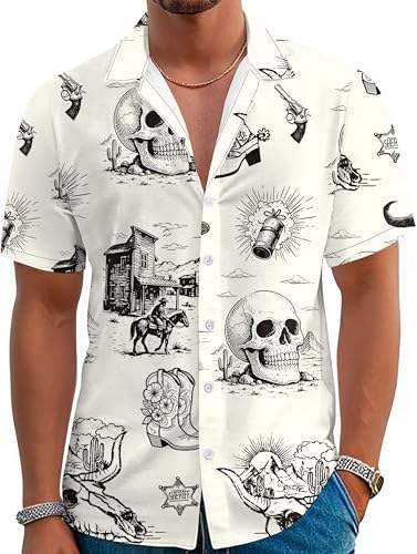 YZMI Cowboy Shirts for Men Vintage Western Tshirts Funny Country Cow Skull Graphic Bowling Shirt Off White L