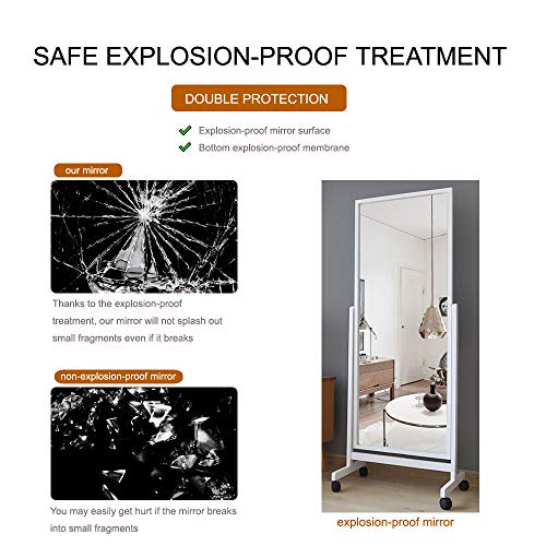 Swivel Adjustable Full Length Mirror On Wheels, Pine Wood Frame Cheval Bedroom Floor Mirror Dressing Mirror Body Mirror With Standing Holder (White, 65"X22") #TOP3