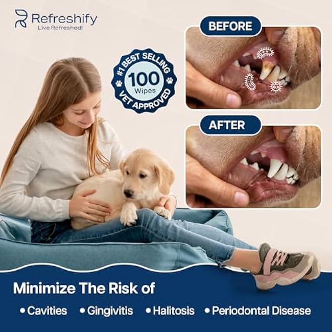 Dog Teeth Cleaning Wipes - 100 Value Pack - Fresh Mint Dog Dental Wipes, Vet Formulated Pet Teeth Cleaning Finger Wipes for Dogs & Cats ¨C Effective Dog Teeth Cleaning, Plaque & Tartar Solution-biDRW2Rv