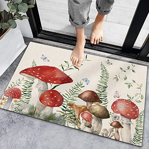 Indoor Doormat Absorbent Bath Rugs Entrance Non Slip Front Door Mat Spring Green Botanical Mushroom on Retro Kitchen Carpets Country Butterfly Floor Mats for Bathroom Bedroom Living Room 16x24In