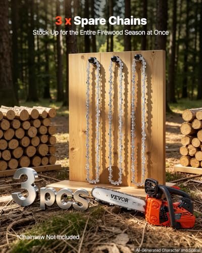 Image of VEVOR Chainsaw Chain 3 Pack 12 Inch 3 /8 inch Pitch 3 /8 inch Gauge 45 Drive Links | Fits VEVOR CN-25 Gas Chainsaw, Forged Alloy Steel, Replacement Saw Chains with Sharp Cutter Teeth & Wear-Resistant Tie Straps