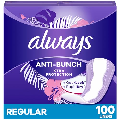 Always Anti-Bunch Xtra Protection, Panty Liners For Women, Light Absorbency, Regular Length, Leakguard + Rapiddry, Unsented, 100 Count (Packaging May Vary)