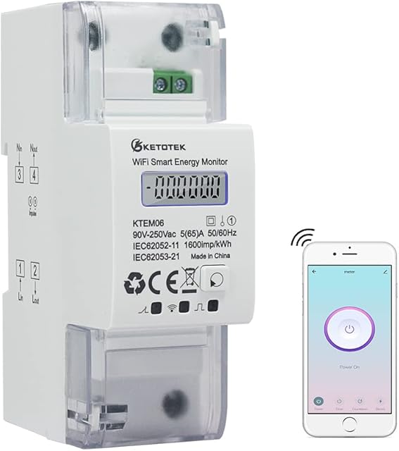 KETOTEK Smart Single Phase Energy Meter WiFi Electricity Power Meter 5(65) A 90-250V 35mm DIN-Rail Power Consumption Electricity Usage Monitor Digital Display Volt Amp Watt Meter kWh