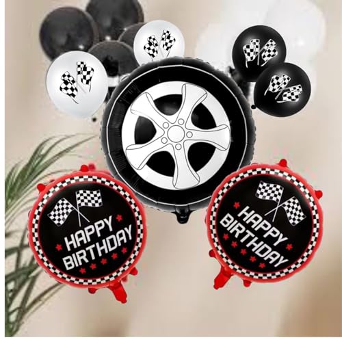 Image of 16Pcs Happy Birthday Decoration Items Race Car Theme Decorations Tyre Foil Balloons For Birthday , Theme Party(Pack Of 16 , Multicolor)