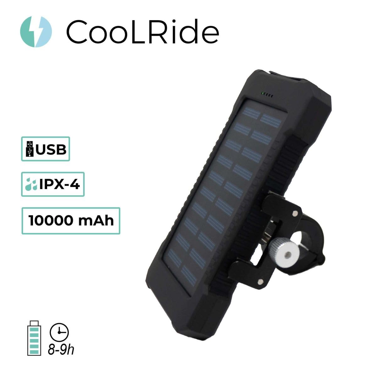 Cool Ride - Kit Support Telephone Velo et Batterie Externe Solaire - pour Tous Les Smartphones de 4,7" à 8" - Certifiée IPX-4 - Accessoire vélo, Trottinette, VTT, VTC, vélo de Ville, vélo Pliant