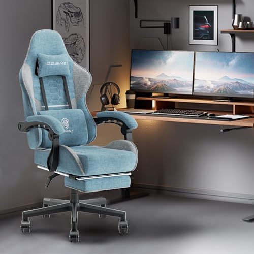 Dowinx Gaming Chair Fabric with Pocket Spring Cushion, Massage Game Chair Cloth with Headrest, Ergonomic Computer Chair with Footrest 290LBS, Blue and Grey - Image 3