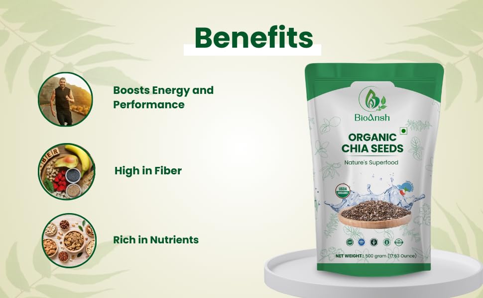 Image of BIOANSH Certified Organic Raw Chia Seeds | Gluten Free, Rich in Omega 3 & Fibre, Plant Protein, Good for diabetics and hair health, immunity booster, healthy snack | Superfood (Pack of 1 (500 gm))