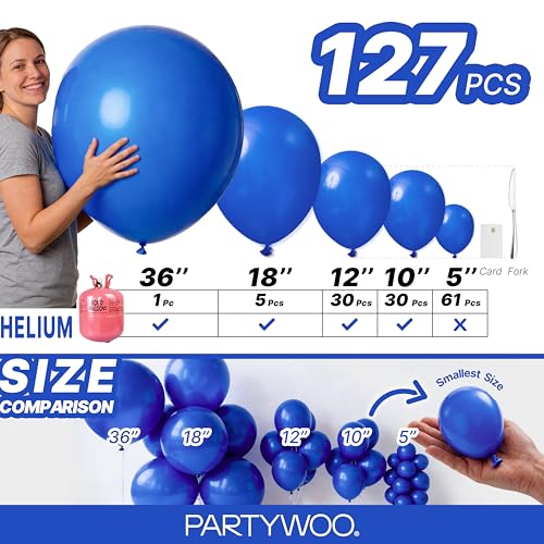 Image of PartyWoo Royal Blue Balloons 127pcs Different Sizes Pack of 36 18 12 10 5 Inch Dark Blue Balloon Arch Kit for Baby Shower Gender Reveal Graduation Under The Sea Birthday Party Decorations Blue-Y59