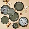 Pokini Santorini Mist Terracotta Reactive Glaze Plates and Bowls Sets, Stoneware Dinnerware Sets, Microwave and Dishwasher Safe Ceramic Dish Set Service for 4, Blackish Green