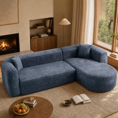 Image of Oversized Sectional Sofa with Chaise with 2 Throw Pillows, 109 inch Modern Luxury Chenille Sofa Extra Wide Seat L-Shape Curved Cloud Couch for Living Room (Right Chaise, Blue)