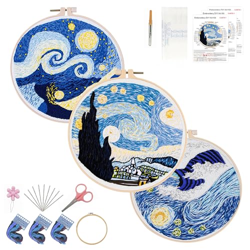 Image of KEKEMEOW 3 Sets Embroidery Kit for Beginners, Stitches with Starry Sky Patterns, Embroidery Stitch Practice kit for Adults Craft Lover, Needlepoint Hand Embroidery Kit with Pattern、Instruction、Hoop