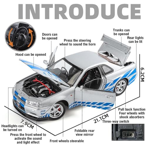 Image of 1:24 Scale Nissan Skyline GTR-R34 Diecast Models Alloy Diecast Toy Car Model Sound Light Pull Back Car Toy for Kids (White)
