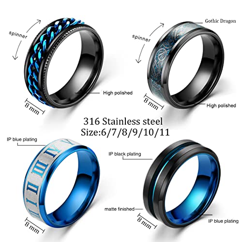 Ronglry 4Pcs Titanium Stainless Steel Spinner Rings Fidget Band Rings For Women Men Black Ring Stress Rings Anxiety For Rings Cool Chain Spinner Rings For Men Wedding Promise Rings Set Size6-11-Blue10 #TOP1