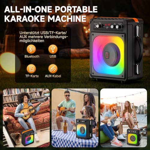 HWWR Karaoke Maschine mit 2 Wireless Mikrofonen für Erwachsene & Kinder, Tragbarer Bluetooth Lautsprecher mit LED Licht, TWS, AUX/USB/TF, Partybox für Zuhause & Outdoor