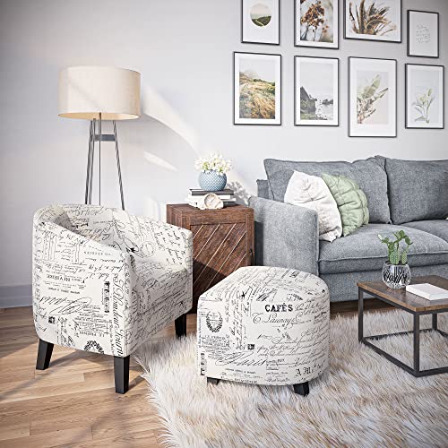 Belleze Accent Tub Chair Curved Back French Print Script Linen Fabric w/ Ottoman Modern Stylish Round Armrest, Beige