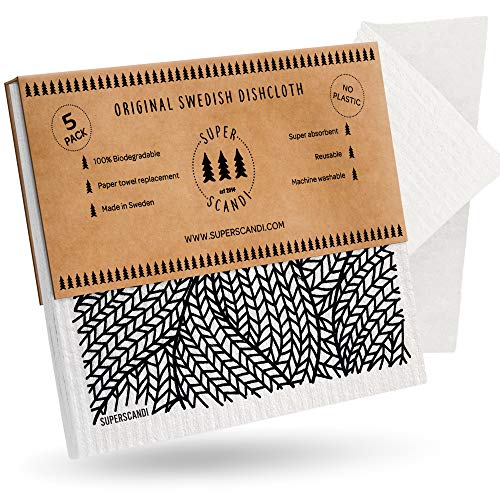 SUPERSCANDI 5 Pack Swedish Dishcloths for Kitchen - 100% Biodegradable & Compostable Reusable Paper Towels Washable, Food-Safe & Without Plastic - Dish Rags for Any Surface, Line Knitting Black by SUPERSCANDI - Used condition - US$6.96