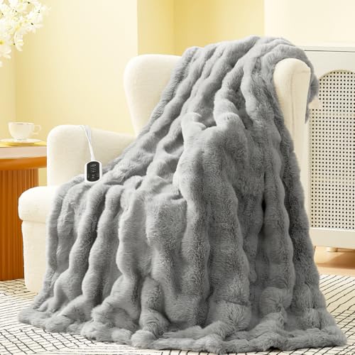 Image of Amelie Home Heated Bubble Faux Fur Blanket Electric - 50 inchx60 inch Heating Blanket Throw 2 /4 /6 /8 Hours Auto-Off 8 Heat Level Over-Heat Protection Electric ETL Certification Grey