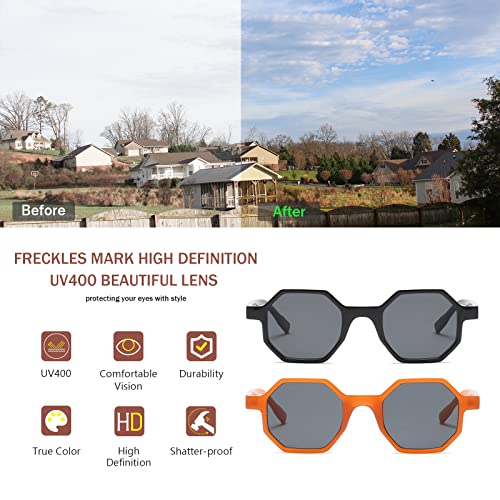 Freckles Mark Hexagonal Sunglasses For Men Women Vintage Retro Plastic Octagon Small Square Glasses (Black+Orange, 46) #TOP4