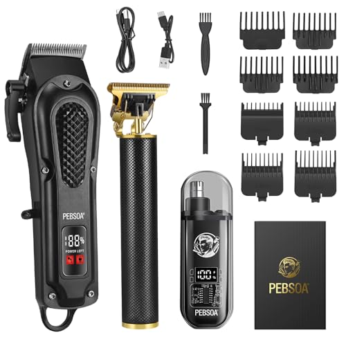 pebsoa® Professional Men's Hair Trimmer Set, Cordless Hair Clippers for Men, Includes a T-Shaped Trimmer and a Nose Hair Trimmer,LCD Battery Level Display（Black）