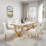 Marble Dining Table Set for 6,70' White Faux Marble Kitchen Table and Velvet Chairs for 6,7 Piece Luxury Dining Room Table Set and 6 White Upholstered Chairs with Gold Stainless Steel Legs