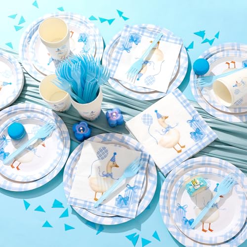 Havawish 120 Pcs One Silly Goose Birthday Party Tableware Set Blue Baby Shower Plates Cup Napkins Forks for Birthday Party Decorations Supplies for 24 Guests by Havawish - Used condition - Image 2