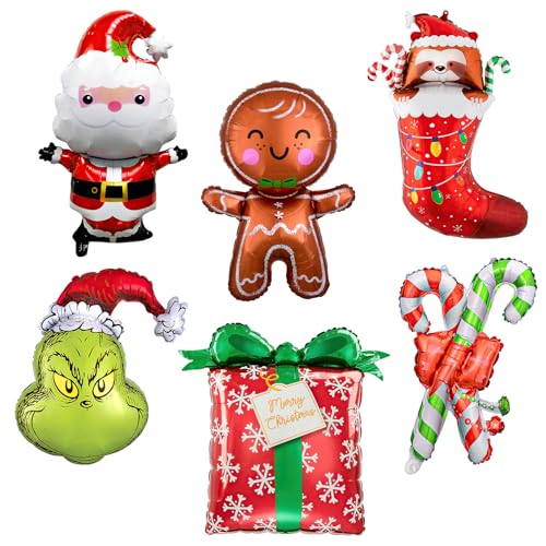 6 PCS Christmas Aluminum foil Balloon, Christmas Balloons Decorations, Xmas Party Decor Supplies, Green Monster Balloons Santa Clause Gift Gingerbread, for Party Supplies Xmas Gifts New Year Birthday