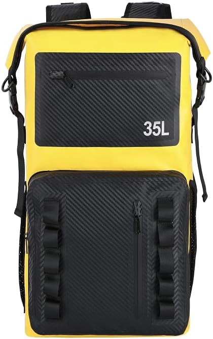 Greencity 100% Waterproof Roll-Top Dry Bag Backpack with Front Splash-Proof Pocket, Lightweight Floating Pack for Kayaking, Hiking & Travel,35L (Yellow-black)