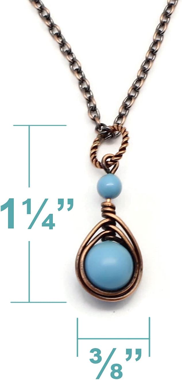 Pillar of Salt Studio Handcrafted Simulated Pearl Small 1" Pendant Copper Wire Wrapped Necklace (Turquoise Blue, 18" Chain)