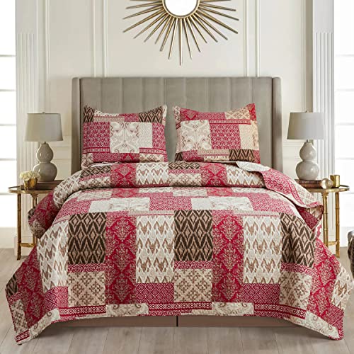 Chesity Twin Size Quilts Plaid Bedding Sets 3-Piece Deep-Red Bedspread Sets Reversible Lightweight Stripe Quilt Grid Coverlet Patchwork Soft Quilt For Bed (68" X 86") #TOP12